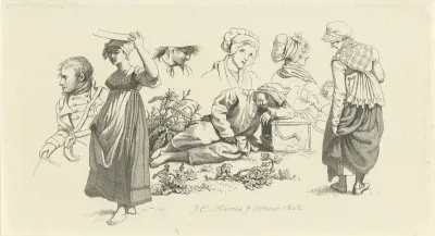 Studieblad met een slapende jongen en figuren