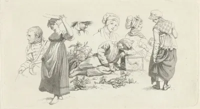 Studieblad met een slapende jongen en figuren