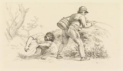 Studieblad met een slapende vrouw en een hengelaar
