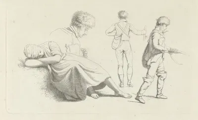 Studieblad met een slapende vrouw en een jager