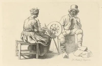 Studieblad met een vrouw aan een spinnewiel en een zittende man