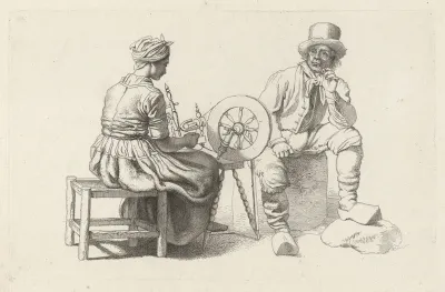 Studieblad met een vrouw aan een spinnewiel en een zittende man