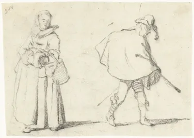 Studieblad met een vrouw die een emmer draagt en een man in een cape