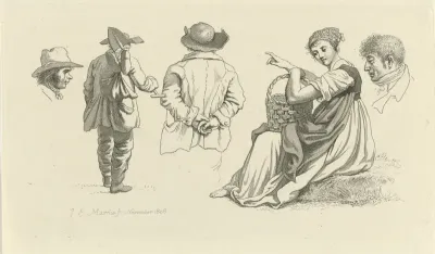 Studieblad met een vrouw met een mand en figuren