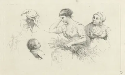 Studieblad met een vrouw met een takkenbos en figuren
