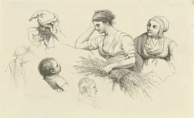 Studieblad met een vrouw met een takkenbos en figuren