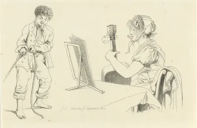 Studieblad met een vrouw met gitaar en een touwtrekkende jongen