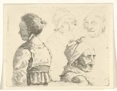 Studieblad met een vrouwenbuste en drie vrouwenhoofden