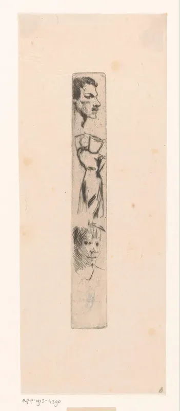 Studieblad met een vrouwenfiguur en twee mannenhoofden