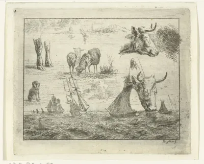 Studieblad met een zeegezicht, twee koeienkoppen, schapen, een hond en twee poten