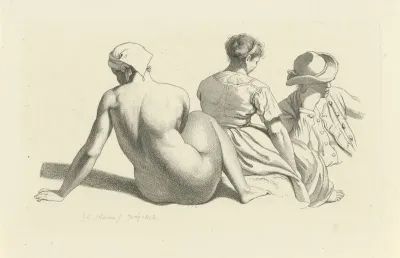 Studieblad met een zittend naakt en twee figuren