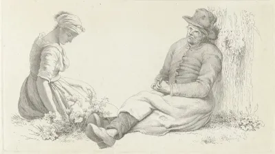 Studieblad met een zittende man en een jonge vrouw