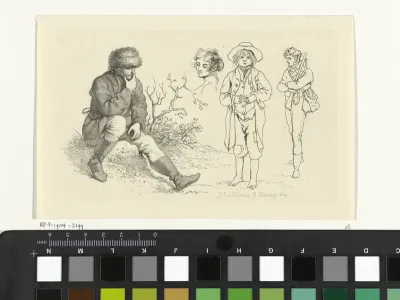 Studieblad met een zittende man, twee figuren en een kop