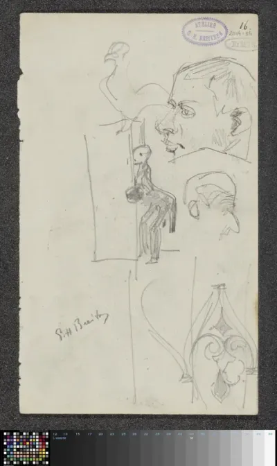 Studieblad met figuren, een vogel en een ornament