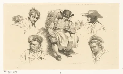 Studieblad met figuren en een rustende visboer met pijp