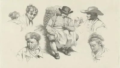 Studieblad met figuren en een rustende visboer met pijp