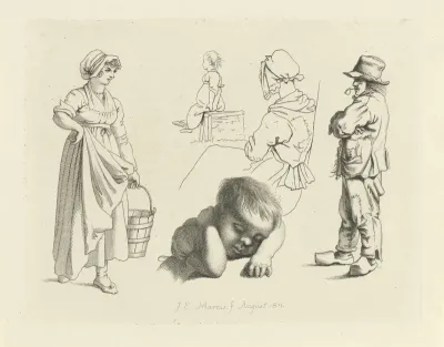 Studieblad met figuren en een slapend kind