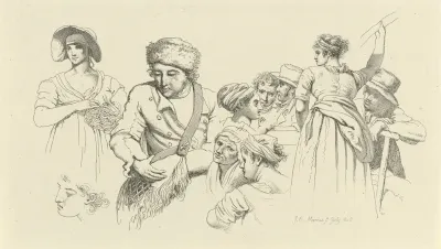 Studieblad met figuren en koppen