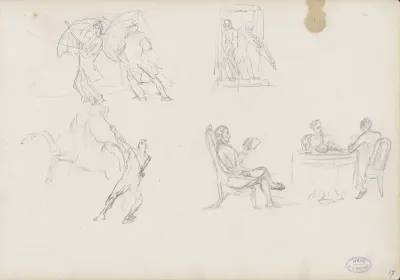 Studieblad met figuren in de regen, aan een tafel en een man bij een paard