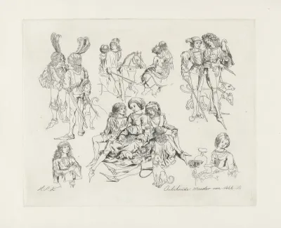 Studieblad met figuren in Middeleeuwse kleding