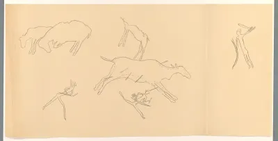 Studieblad met figuren met wapens en dieren