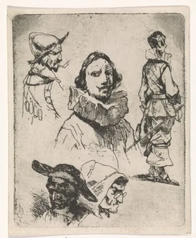 Studieblad met gezichten en figuren
