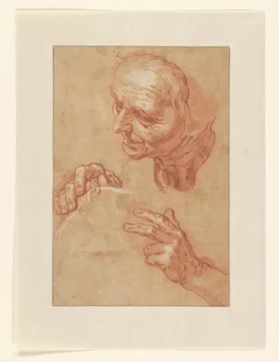 Studieblad met het hoofd van een oude vrouw en twee handen