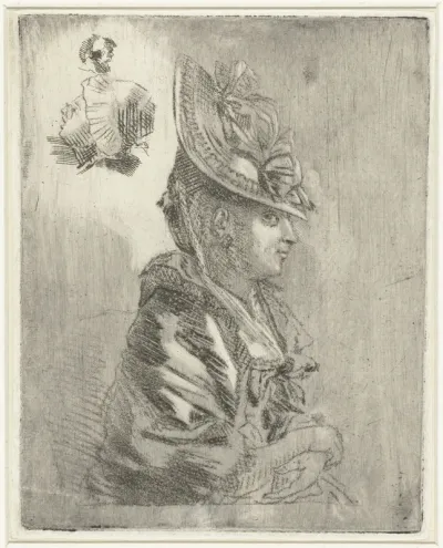 Studieblad met het portret van een jonge vrouw met hoed en twee kleinere portretten