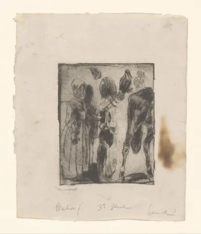 Studieblad met huzaar, vrouw, paard en vogel