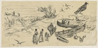 Studieblad met jagers, vissersschepen, vogels en schelpen