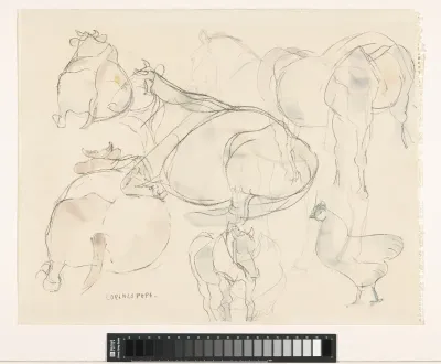 Studieblad met koeien, paarden en een kip