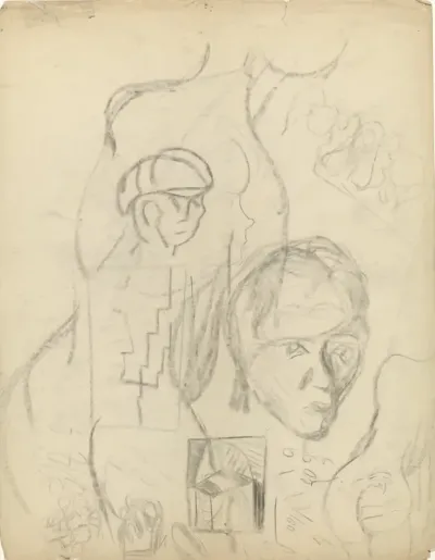 Studieblad met man met een pet en een vrouwenfiguur