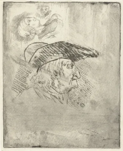 Studieblad met manshoofd met steek en vrouw met kapje