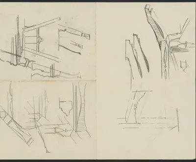 Studieblad met meubels en architectuur