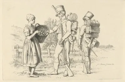 Studieblad met militairen en een boerenmeisje