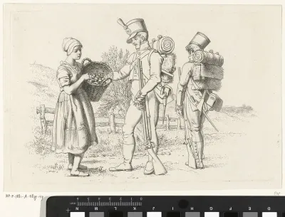 Studieblad met militairen en een boerenmeisje