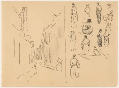 Studieblad met op de ene helft een straat en op de ander diverse figuurstudies