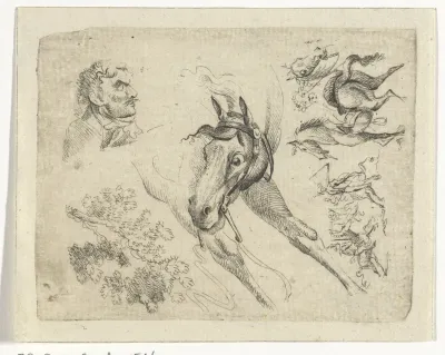 Studieblad met paarden, een man en een tak