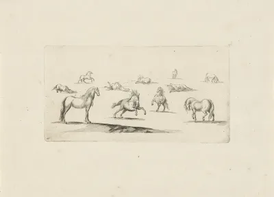 Studieblad met paarden, waarvan er drie rollen