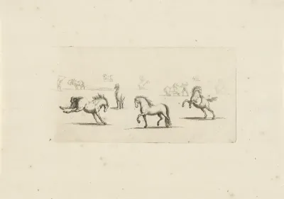 Studieblad met paarden, waarvan er een bokt