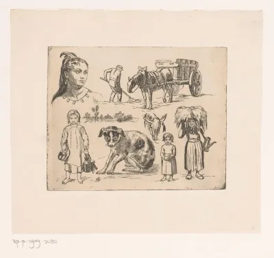 Studieblad met portretten, paard en wagen, een hond en een klein landschap