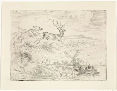 Studieblad met rennende herten, een pijprokende man en een landschap met molen