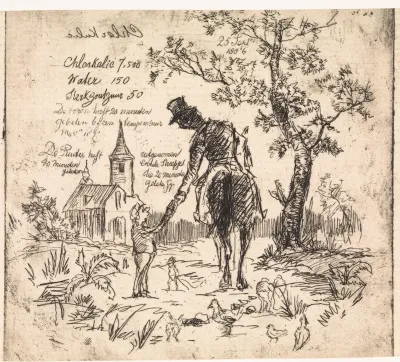 Studieblad met ruiter in een landschap