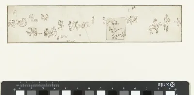 Studieblad met ruiters, staande en lopende figuren en vee