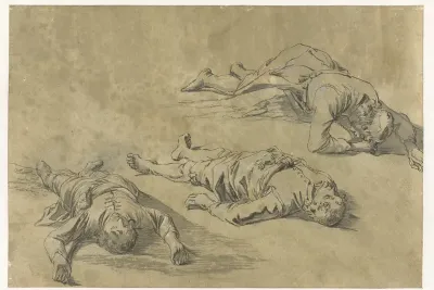 Studieblad met schetsen van drie liggende mannen
