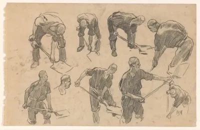 Studieblad met schetsen van een spittende arbeider