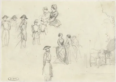 Studieblad met schetsen van militairen en vrouwen in groepjes bijeen