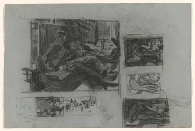 Studieblad met schetsen van treincoupé met slapende mannen
