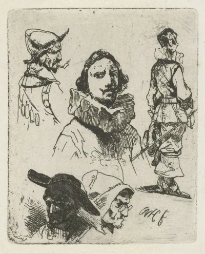 Studieblad met soldaten en een oude vrouw