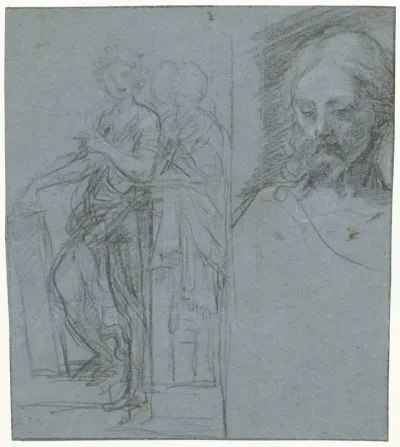Studieblad met staande vrouwen en een Christushoofd